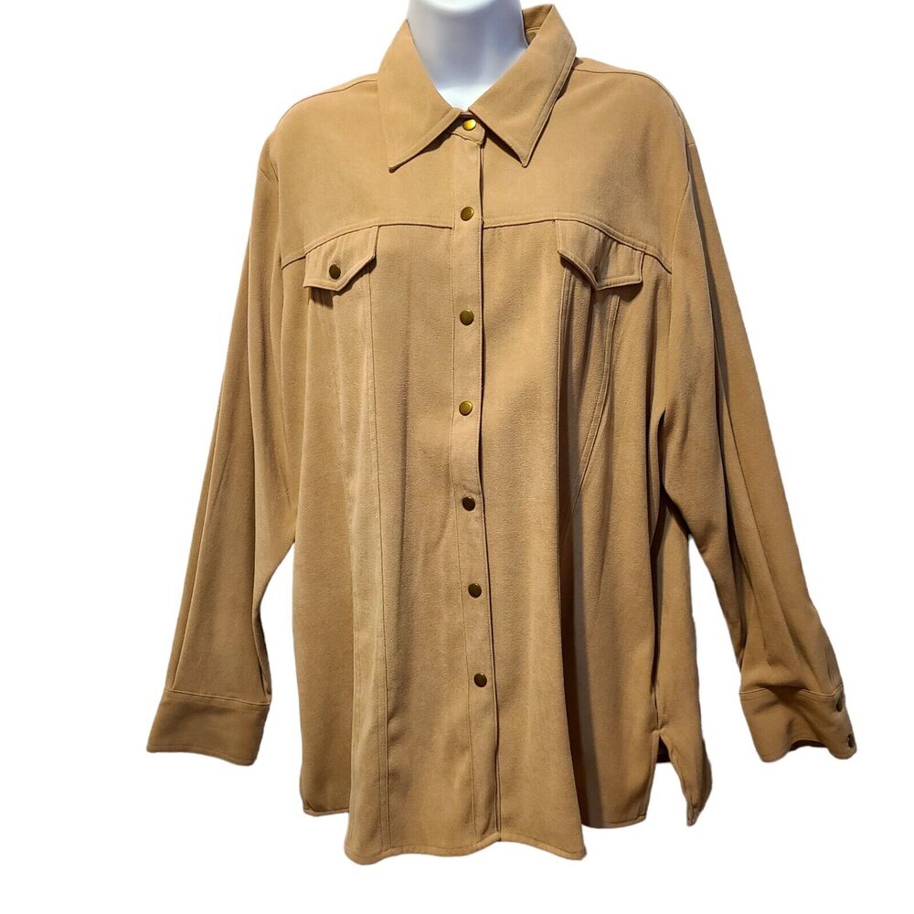 Joanna Womens Shacket Suede Feel Stretch Sz XL Shirt Jacket Button Up Snaps Tan